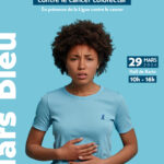 Affiche Mars Bleu, qui se déroulera le vendredi 29 mars 2024 au Centre Hospitalier Centre Bretagne à Pontivy, en présence des équipes médicales, paramédicales et de la Ligue contre le cancer du Morbihan