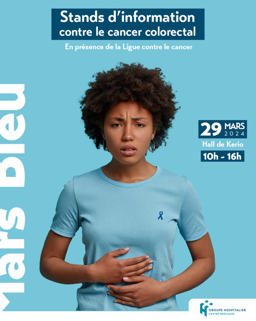 Affiche Mars Bleu, qui se déroulera le vendredi 29 mars 2024 au Centre Hospitalier Centre Bretagne à Pontivy, en présence des équipes médicales, paramédicales et de la Ligue contre le cancer du Morbihan